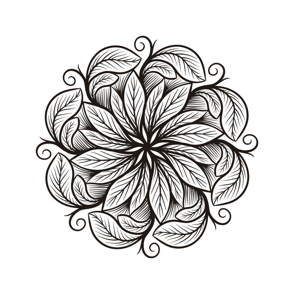 mandala decorativa con motivos florales y hojas sobre un fondo blanco aislado. para colorear páginas de libros. vector