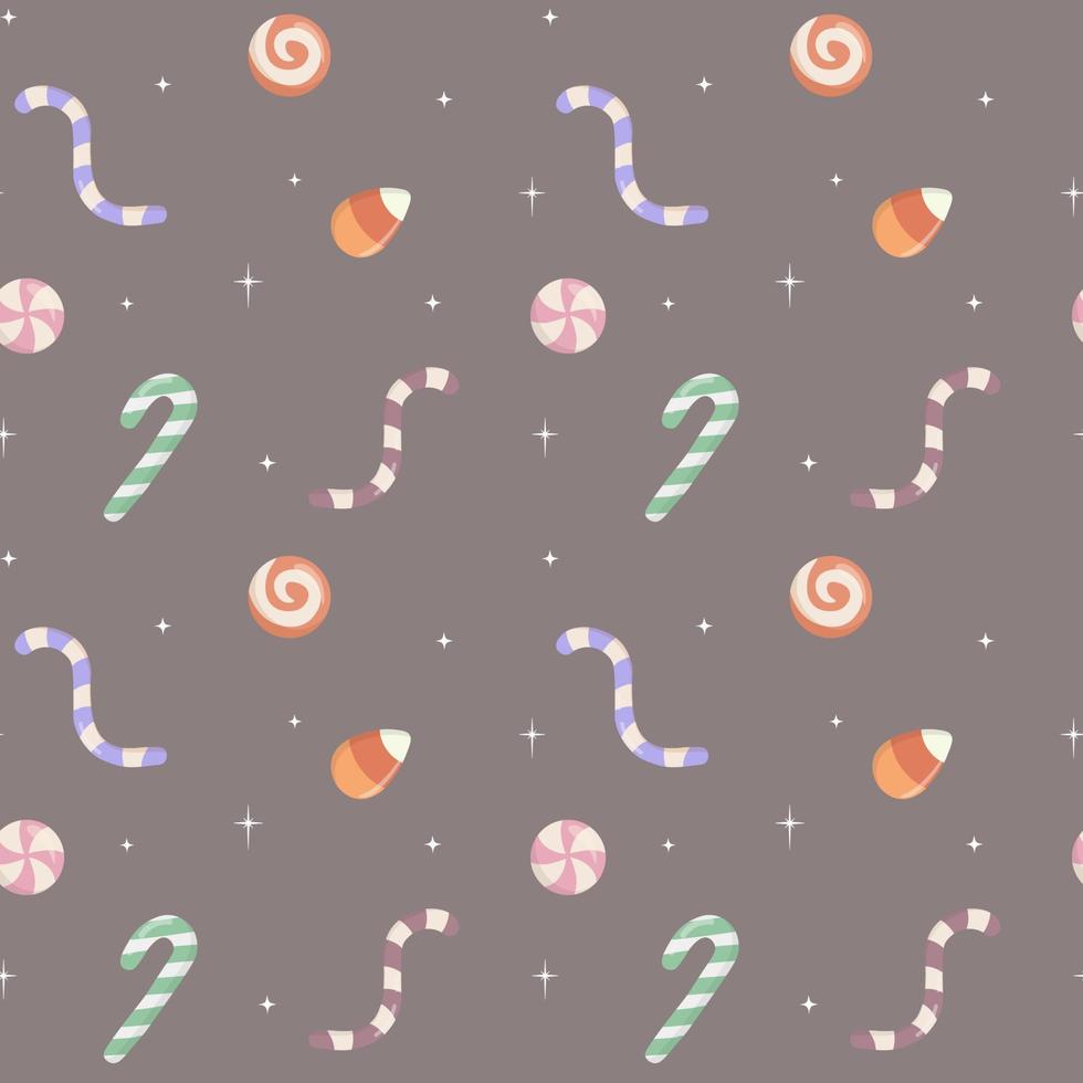 Halloween holiday seamless pattern. Vector candies with halloween elements and ornaments. Cartoon flat vector style. Baby texture for fabric, wrapping, textile, wallpaper, clothing, greeting cards.