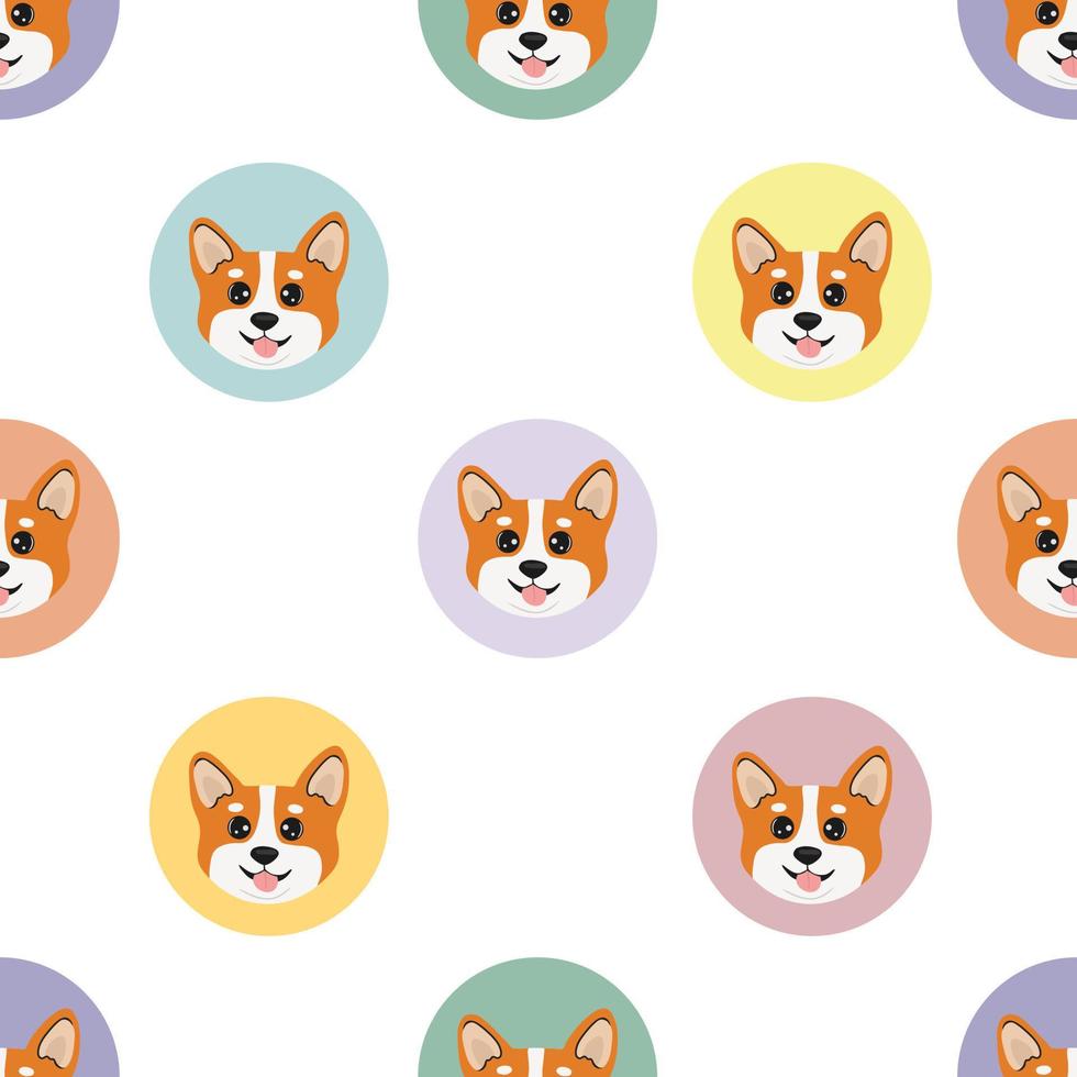 Seamless pattern with head corgi in colorful circles. Cartoon design animal character flat vector style. Baby texture for fabric, wrapping, textile, wallpaper, clothing. Funny little doggy.