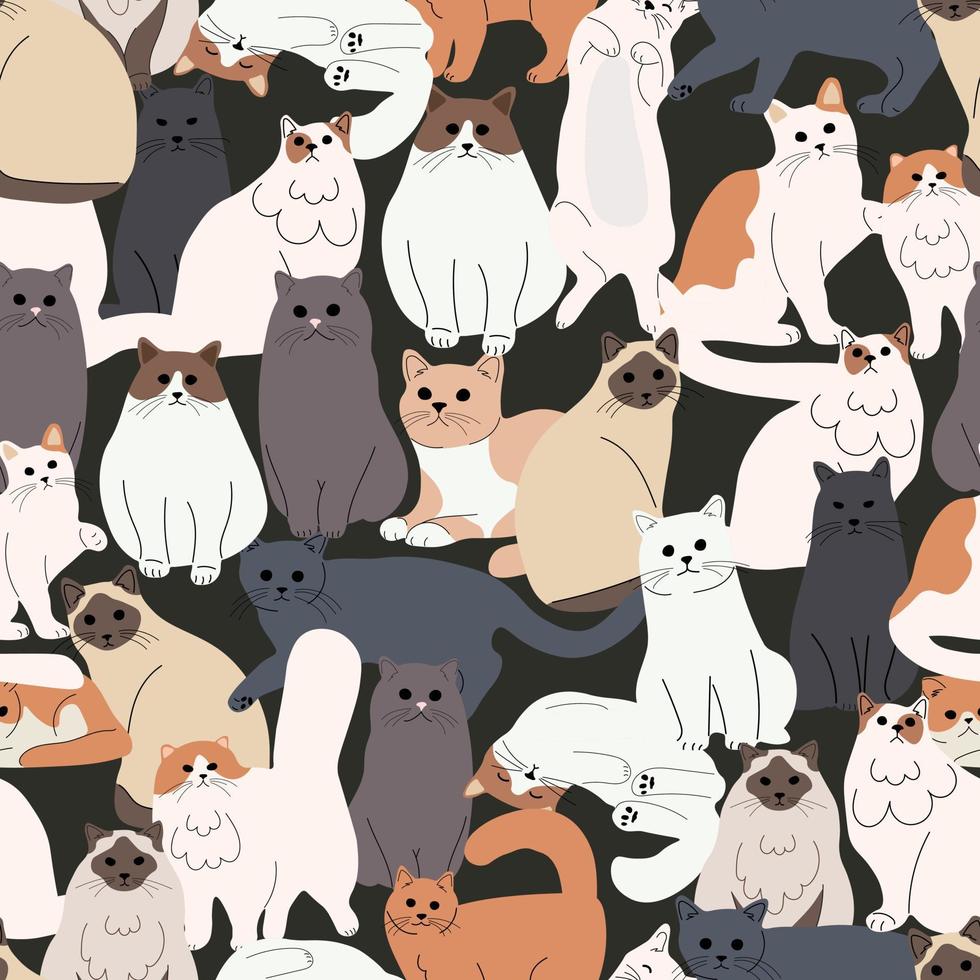 Seamless pattern with cats. Cartoon home pet, set of cute cats for print, posters and postcard. Vector animal background. Funny little cats