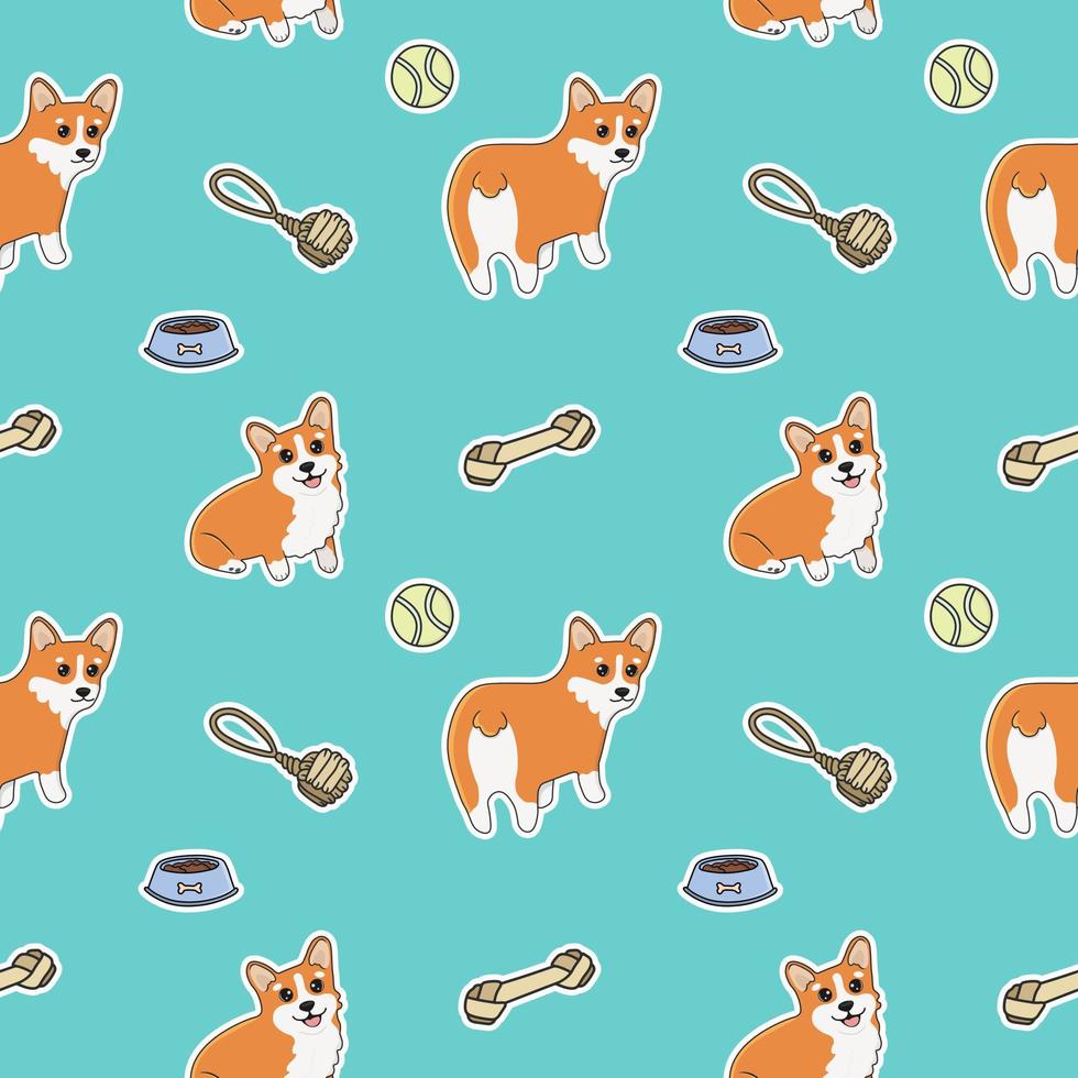 Seamless corgi pattern. Cartoon home pet, set of cute puppies for print, posters and postcard. Vector corgi animal background. Funny little doggy seamless pattern on blue background.