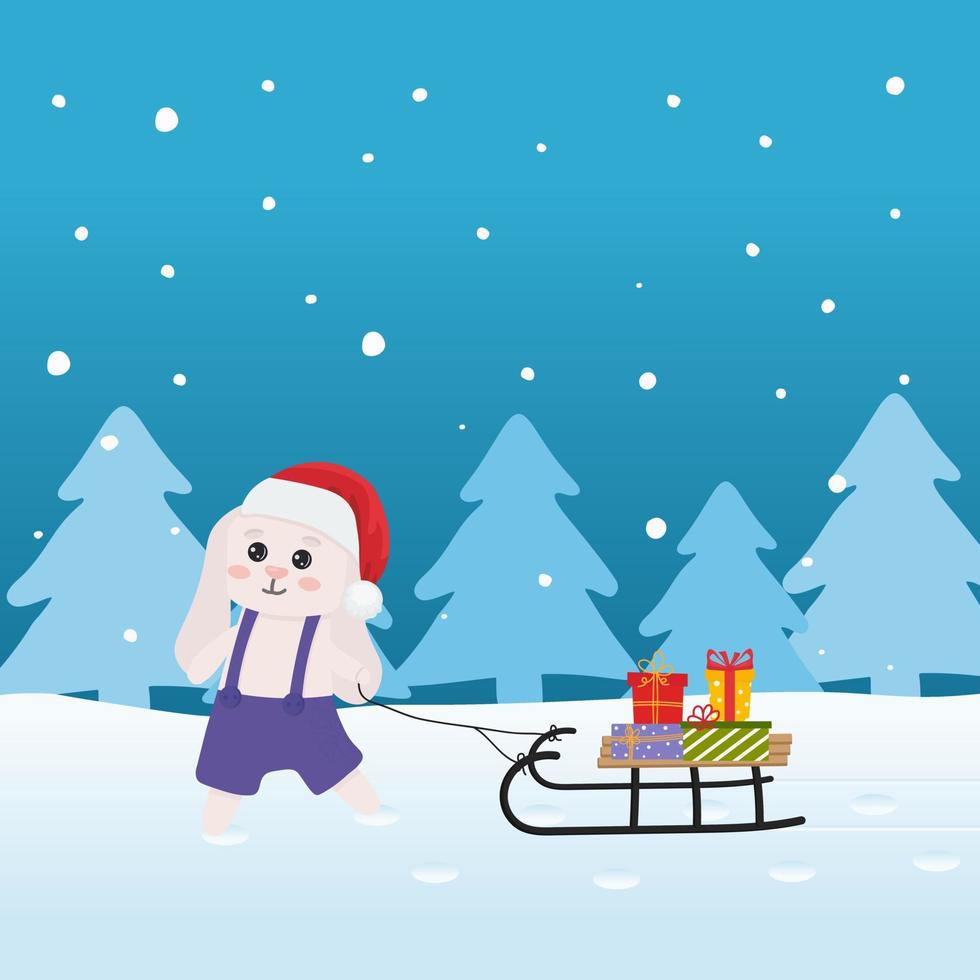 tarjeta de feliz navidad y feliz año nuevo con lindo conejito tirando de trineo con cajas de regalo. fondo de invierno. ilustración vectorial vector