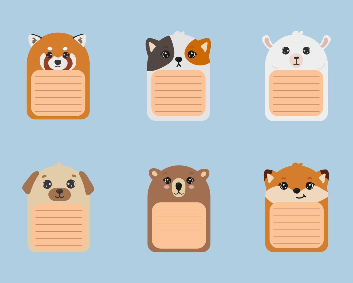 hojas de bloc de notas con lindos animales. horario de dibujos animados, notas adhesivas o planificador. ilustración vectorial lindo oso, alpaca, panda rojo, gato, zorro y pug. vector