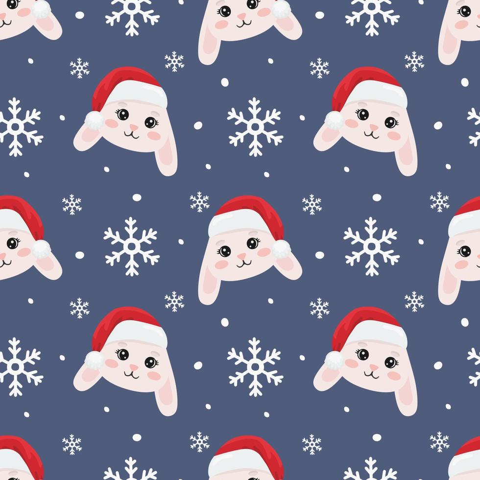 Christmas seamless pattern with bunny face in christmas hat. Beautiful background for gift wrapping papers, greeting cards, decoration. vector