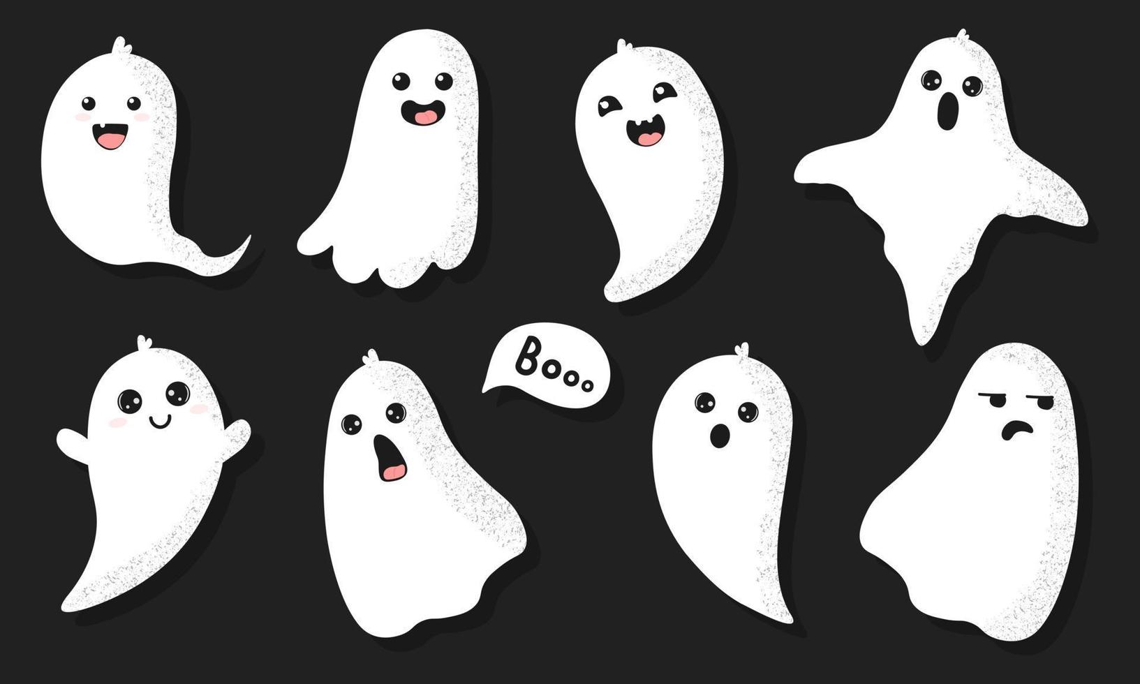 Cute set with halloween ghosts isolated on black background. Joyful spooky or funny comic character. Kawaii ghost collection. vector