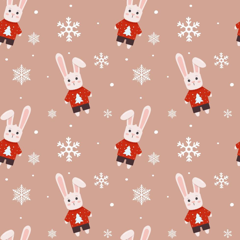 Winter seamless pattern with bunny in sweater and snowflakes. Perfect for wrapping paper, greeting cards and seasonal design. vector