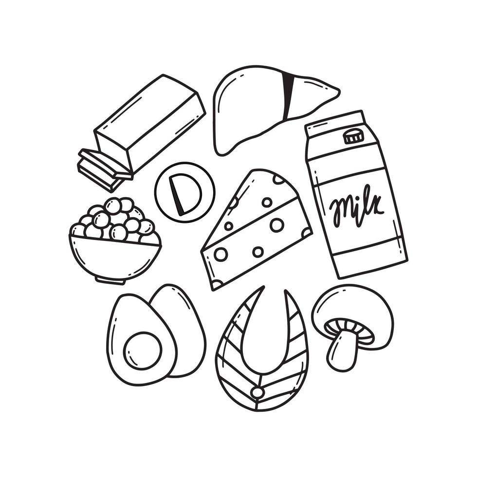 Vitamin d. Set of Foods containing vitamin d. Food rich in vitamin d. Vector illustration. Vector illustration. Doodle style.
