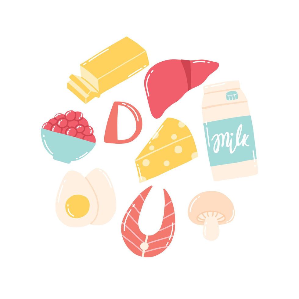 Vitamin d. Set of Foods containing vitamin d. Food rich in vitamin d. Vector illustration. Vector illustration. Drawn style.