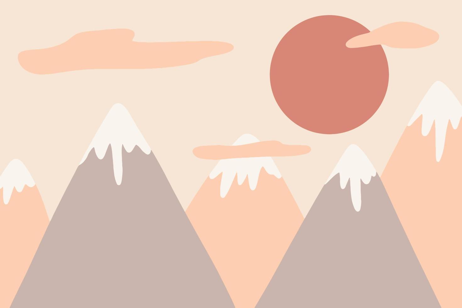 Vector childish drawn mountain illustration in scandinavian style. Mountain landscape, sun . childrens wallpaper. Mountain landscape, childrens room design, wall decor. Kids boho style.