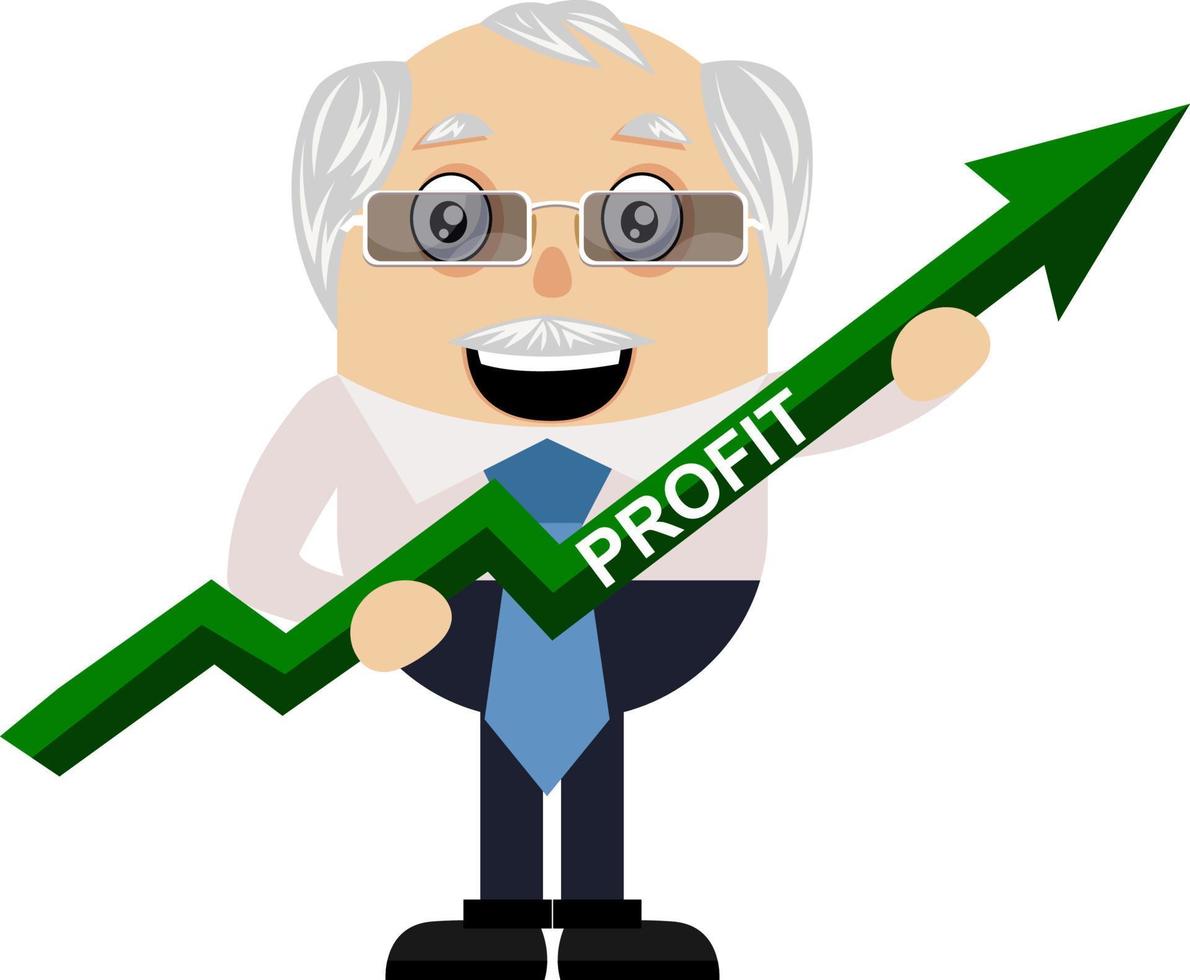 Old man with arrow sign, illustration, vector on white background.