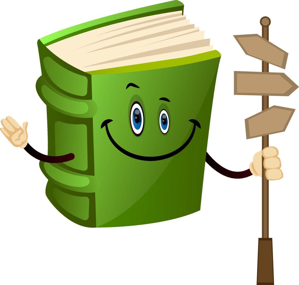 Cartoon book character with road direction signs, illustration, vector on white background.