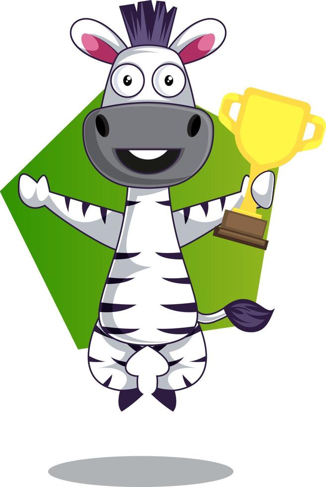 Zebra with trophy, illustration, vector on white background.