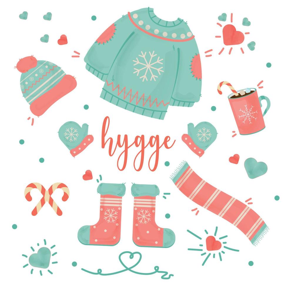 Diseño hygge de otoño e invierno. mitones de sombrero de suéter y botas con un copo de nieve. dibujo de acuarela vector