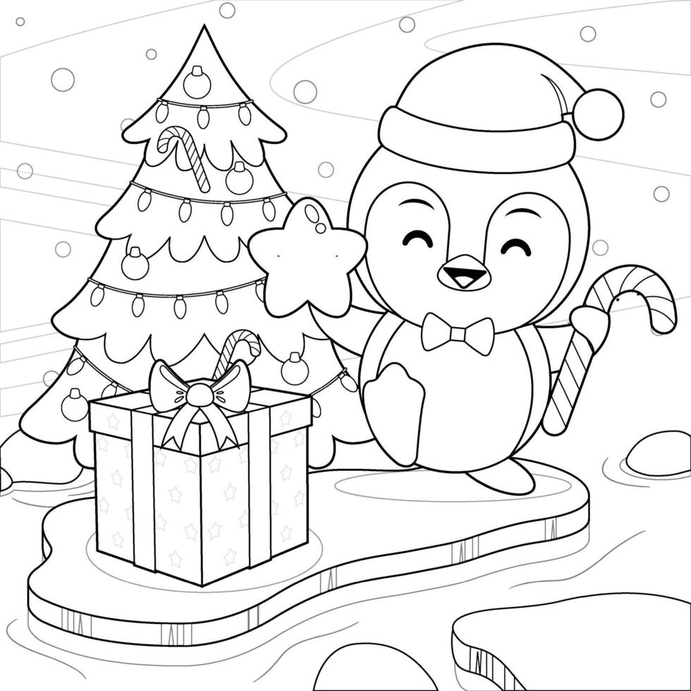 Coloring book for kids. Happy Cute Penguin Celebrating Christmas And New Year On Iceberg vector