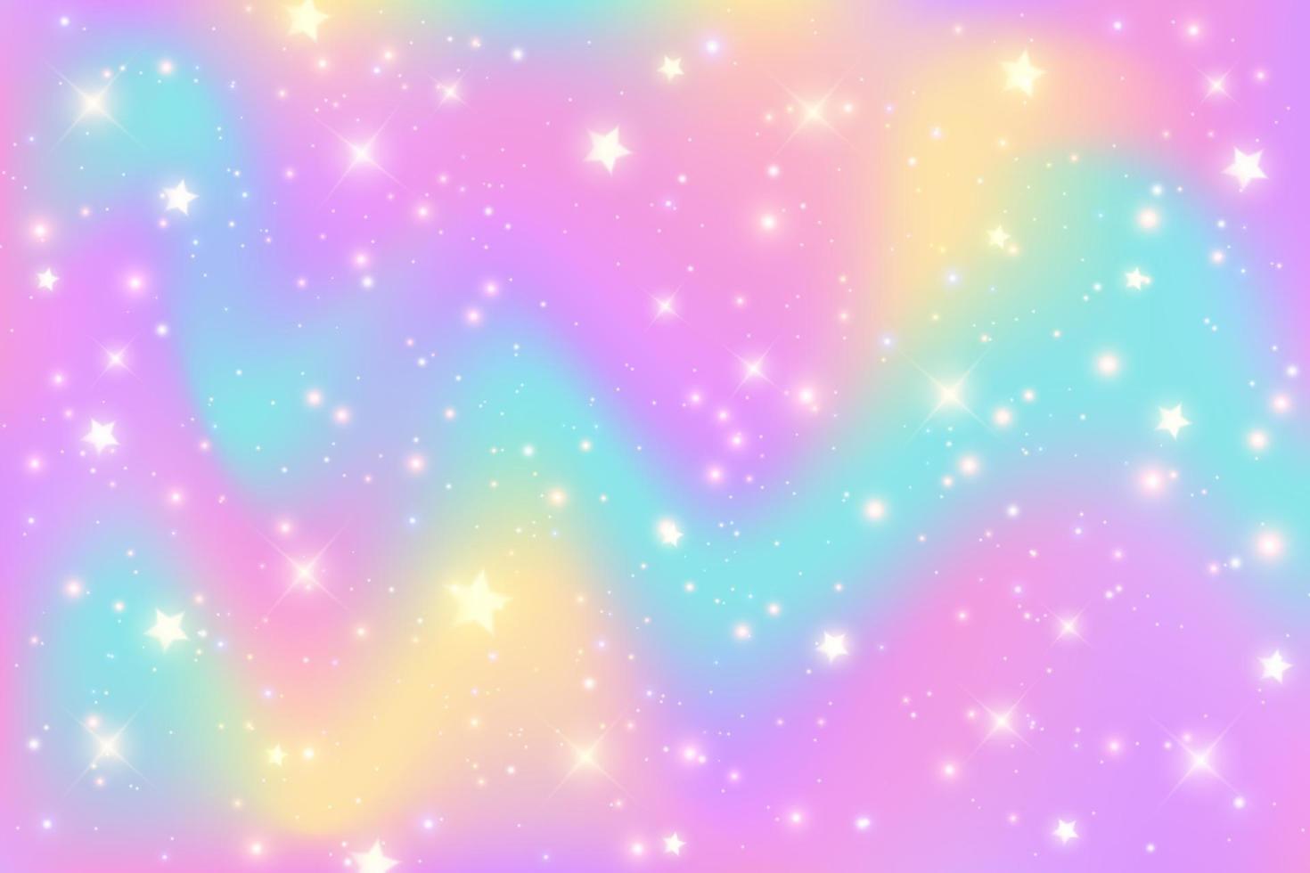 Rainbow fantasy background. Bright multicolored sky with stars and sparkles. Holographic wavy illustration. Vector. vector