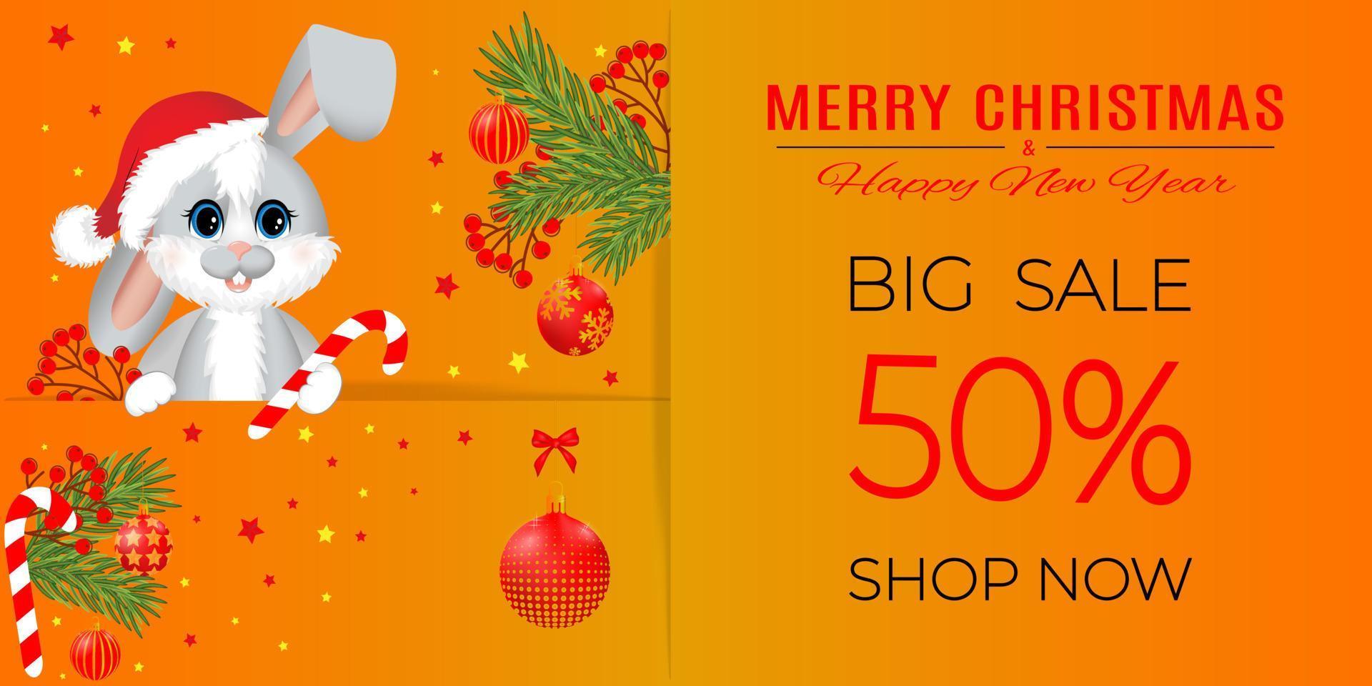 banner de venta con conejo o liebre, bola de navidad y lazo en colores naranja y rojo. vector