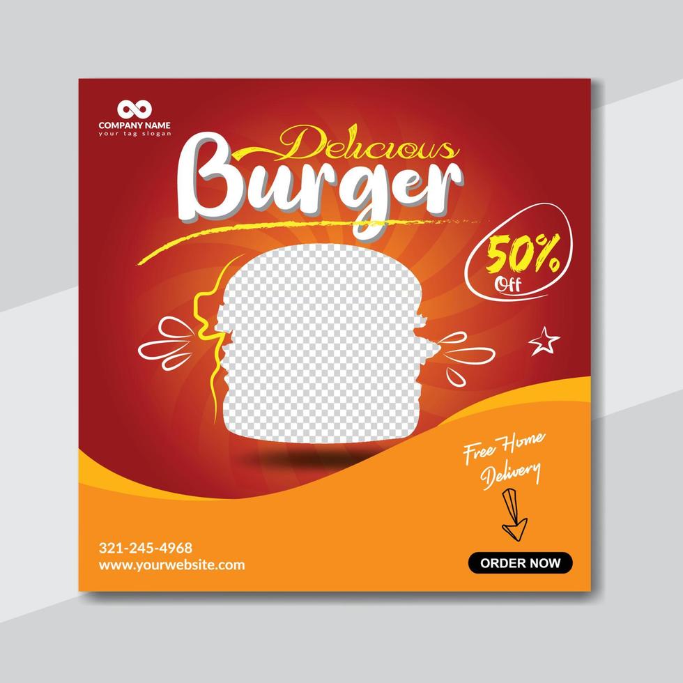 deliciosa hamburguesa y menú de comida diseño de plantilla de banner de redes sociales vector