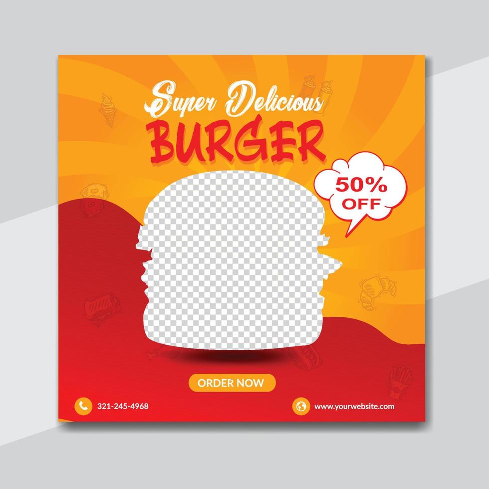 Delicious burger and food menu social media banner template design vector