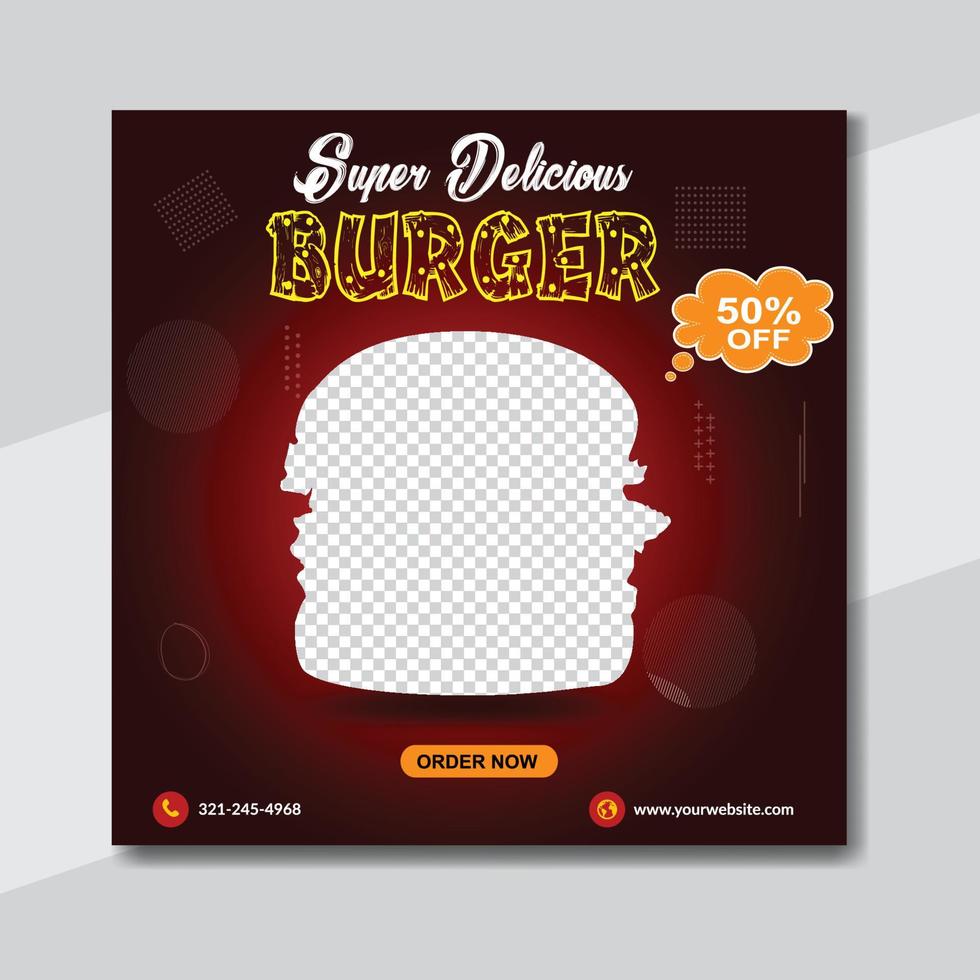 Delicious burger and food menu social media banner template design vector