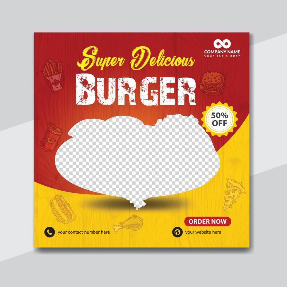 Delicious burger and food menu social media banner template design vector