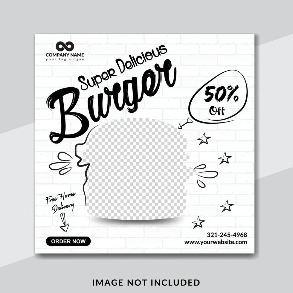 Delicious burger and food menu social media banner template design vector