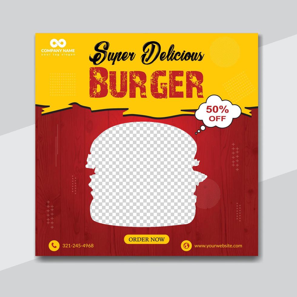 Delicious burger and food menu social media banner template design vector