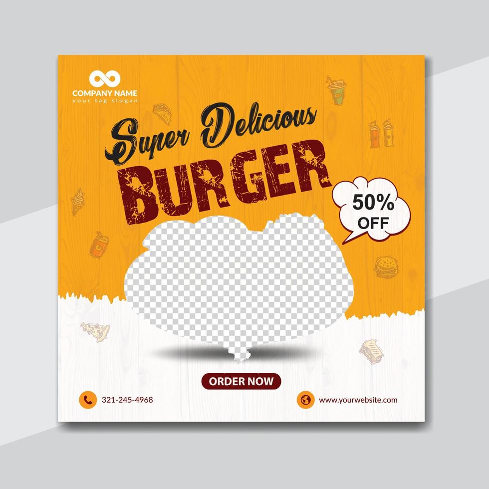 Delicious burger and food menu social media banner template design vector
