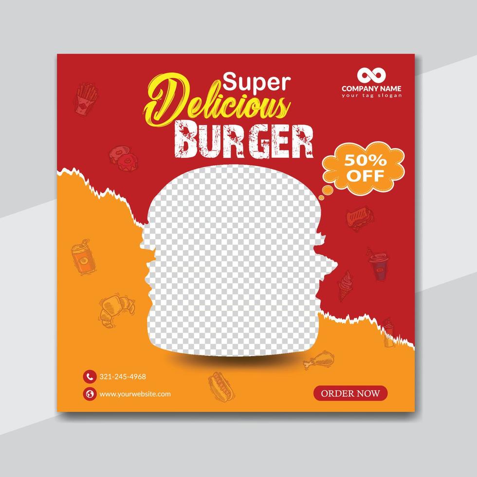 Delicious burger and food menu social media banner template design vector