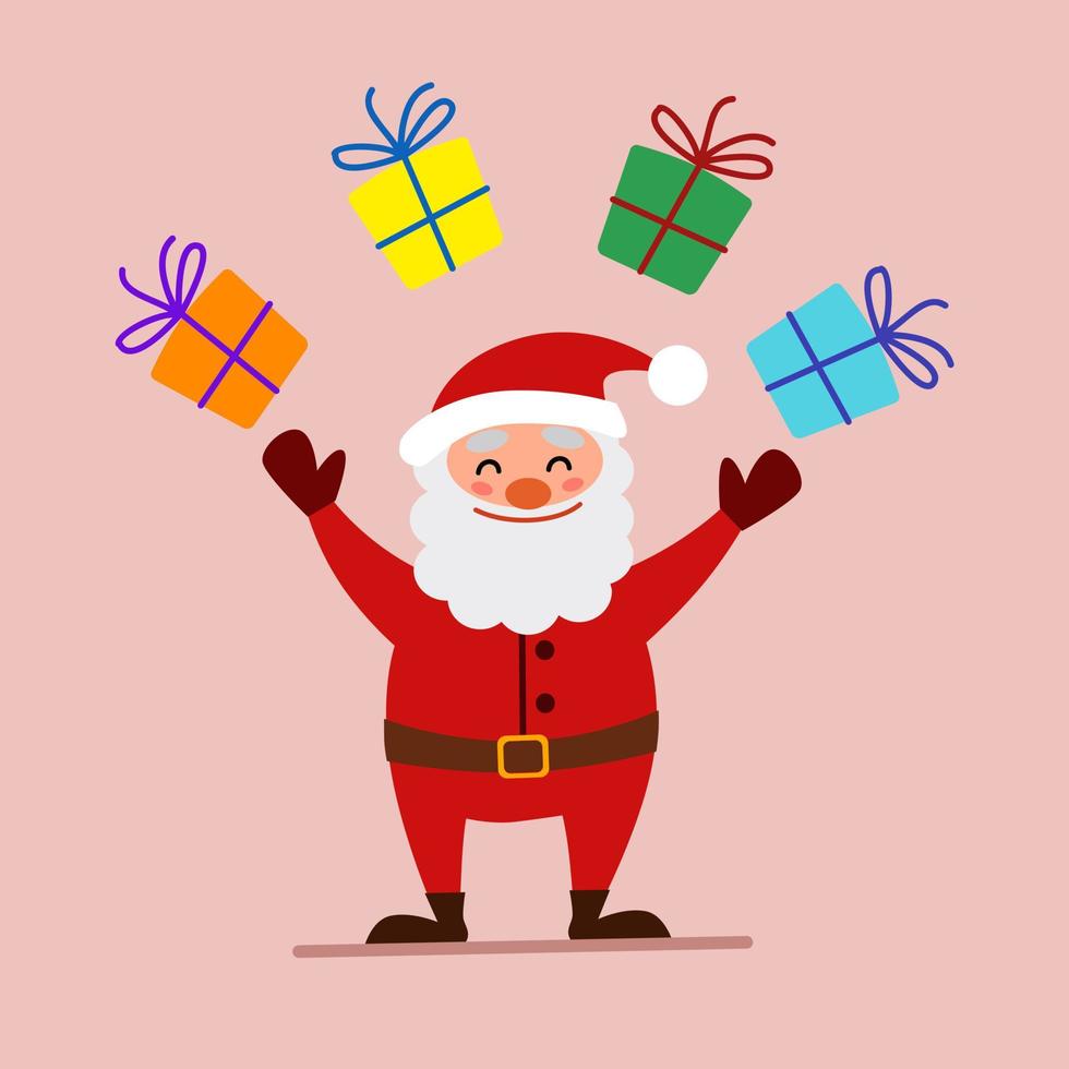 Vector cartoon illustration of a friendly smiling Santa Claus, juggling gifts