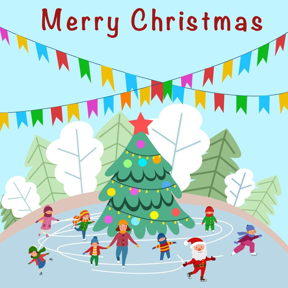 People skate around the Christmas tree on New Year s Eve afternoon vector