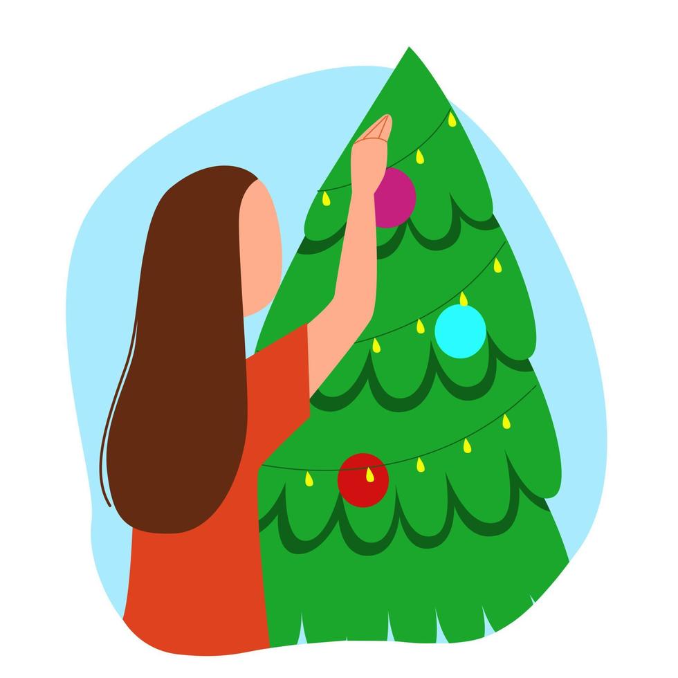una niña está decorando un árbol de navidad. vector