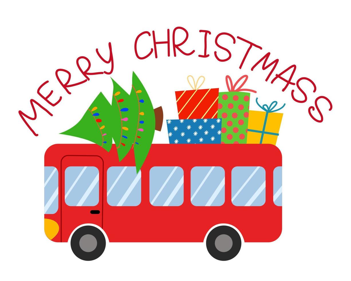 Merry Christmas greeting card. red christmas bus with fir tree and gifts. Side view. vector
