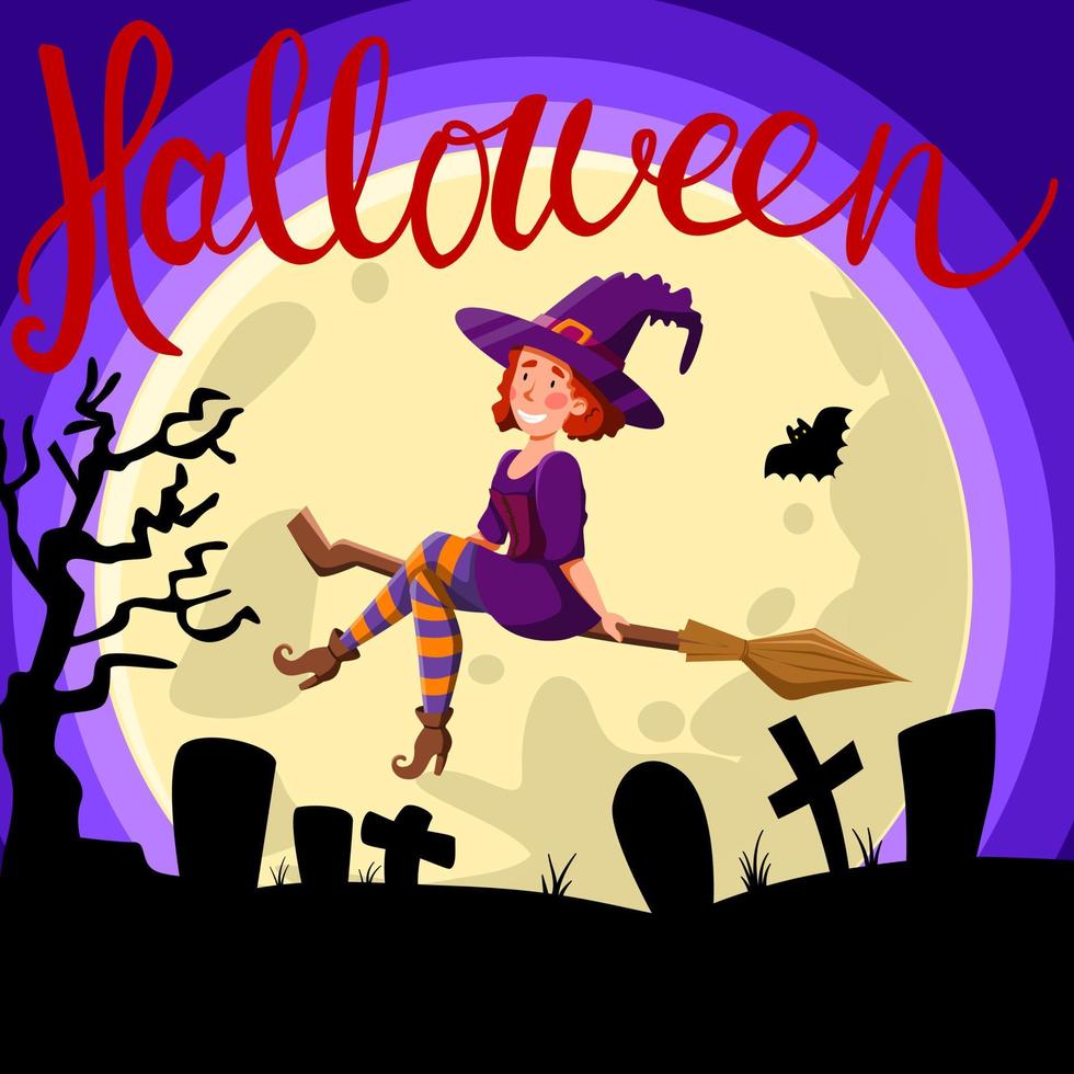 Cemetery background with a big moon. The witch is flying on a broom. The concept of the Halloween holiday. vector