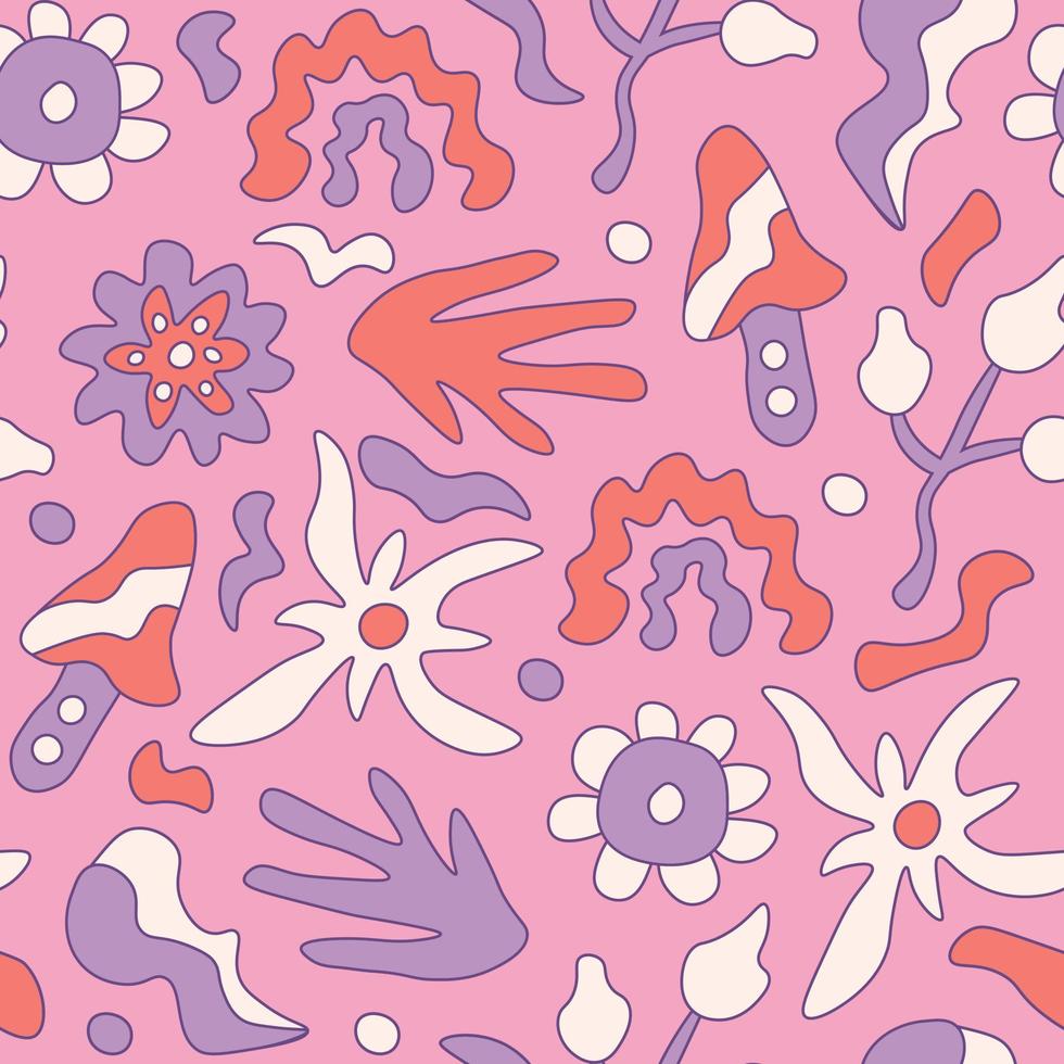 Groovy seamless pattern with flower rainbow mushroom vector