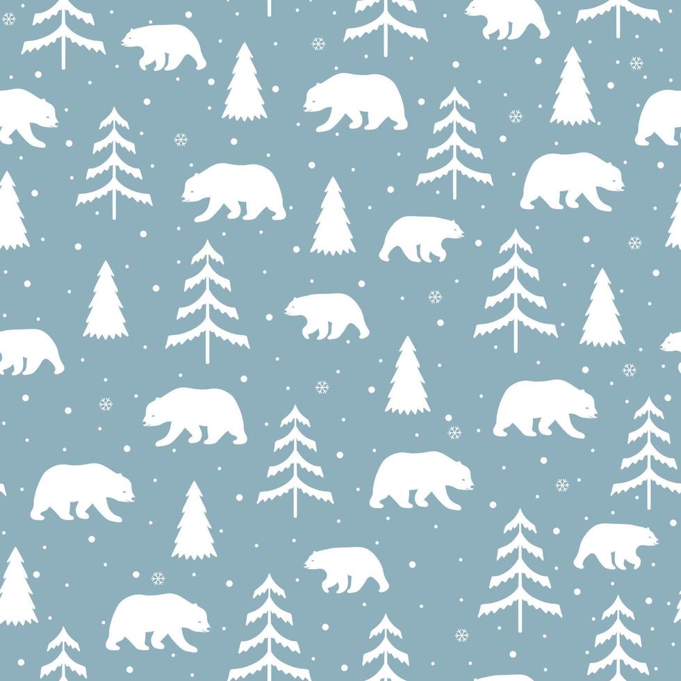 Seamless pattern with white bear with christmas tree and snowflakes. Winter seamless pattern. vector