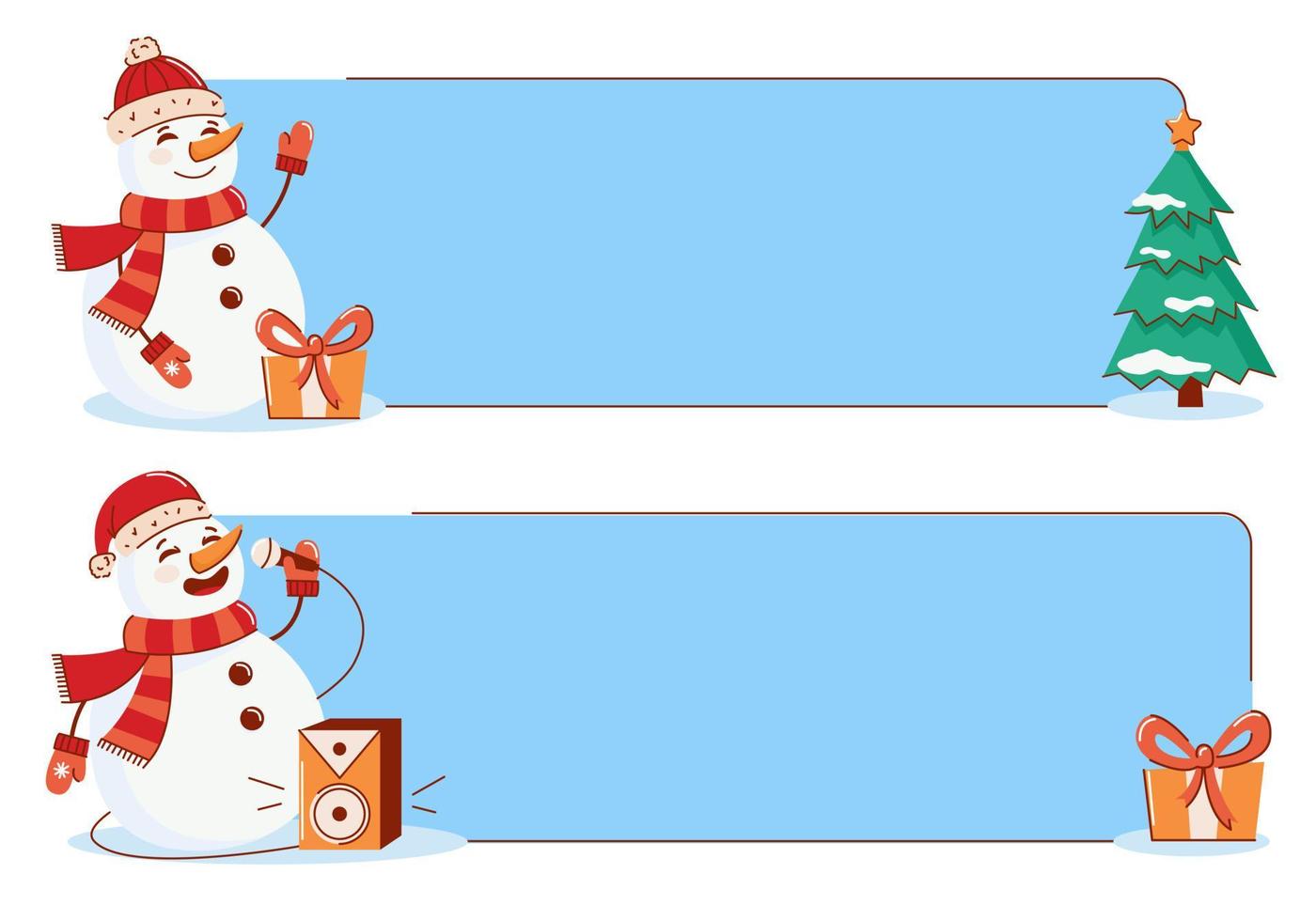 banner vectorial de navidad con un muñeco de nieve, un árbol de navidad y un regalo. feliz Año Nuevo y feliz Navidad vector