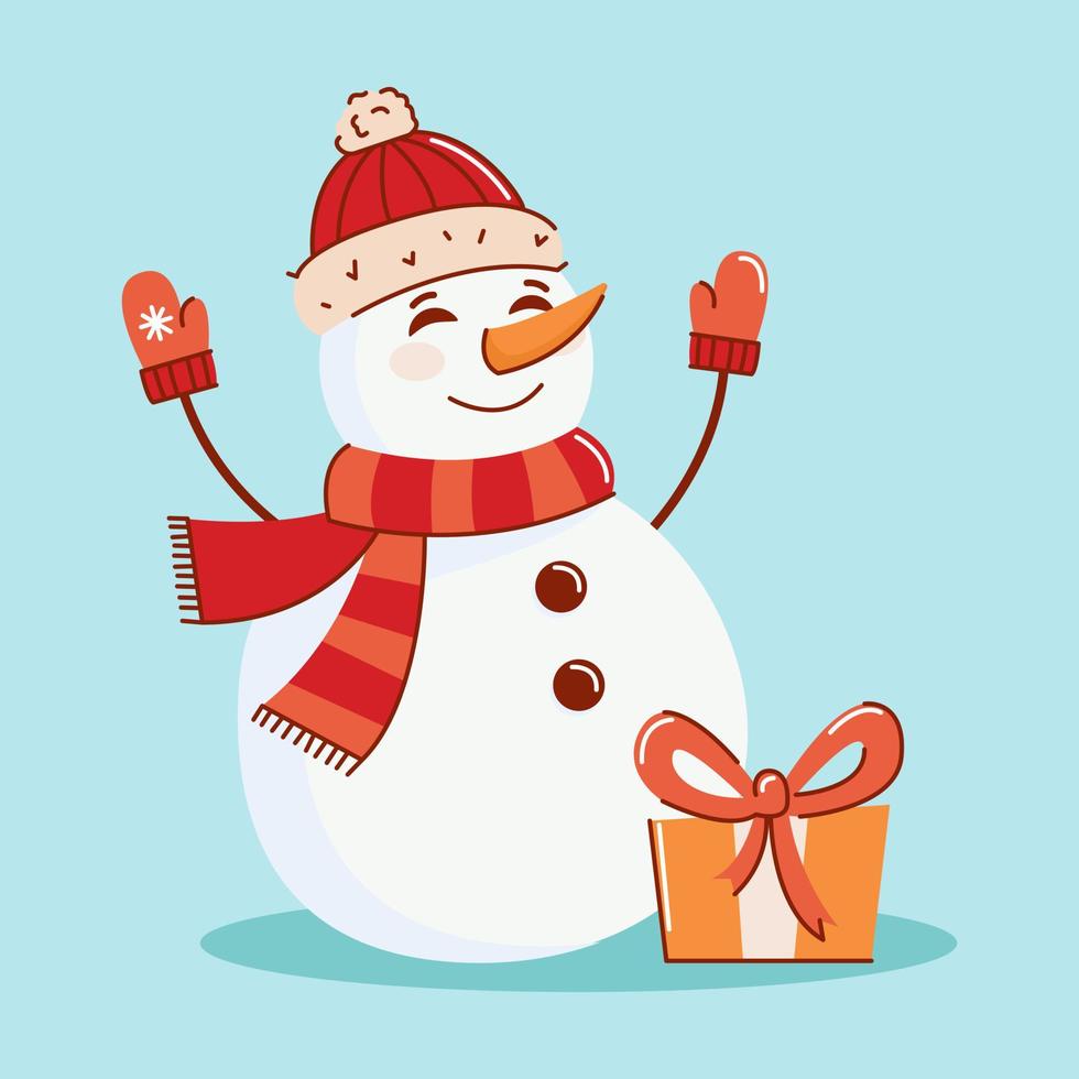 Vector illustration of a snowman with a gift waving his hand in a mitten. The concept of New Year and Christmas