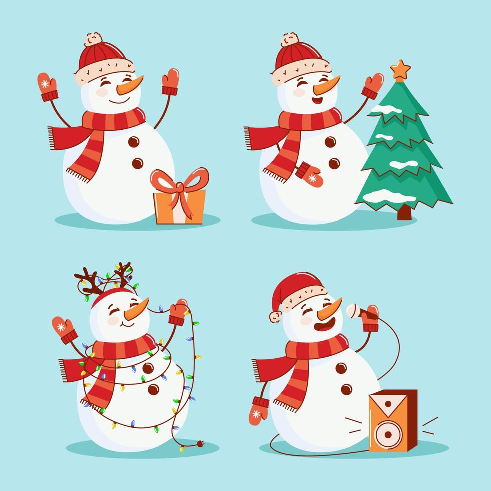 Vector illustration of a set of Christmas snowmen in a hat and scarf. The concept of New Year and Christmas