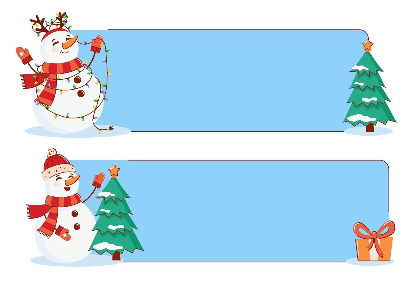 banner vectorial de navidad con un muñeco de nieve, un árbol de navidad y un regalo. feliz Año Nuevo y feliz Navidad vector