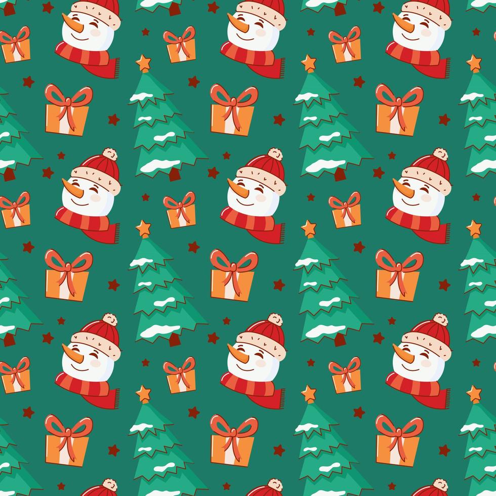 vector pattern with snowman, Christmas tree and gifts. The concept of New Year and Christmas