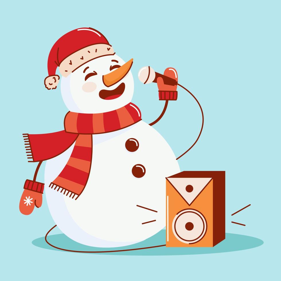 Vector illustration of a snowman with a microphone singing karaoke. The concept of New Year and Christmas