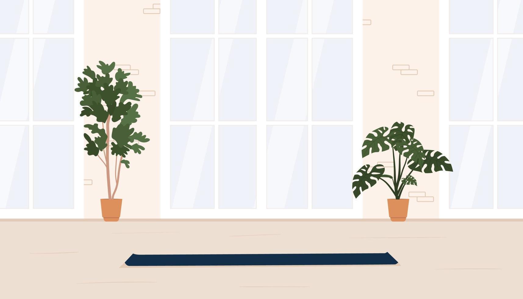 Empty yoga studio with panoramic window and plants in pots with wooden floor and yogi mat. Vector illustration