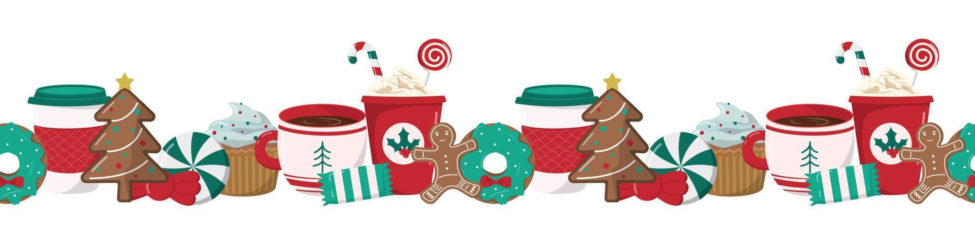 navidad y feliz año nuevo borde sin costuras con dulces y bebidas de invierno. plantilla de diseño de banner de vacaciones. aislado sobre fondo blanco. vector