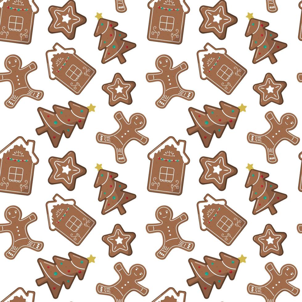 Christmas trees, gingerbread men, houses and stars seamless pattern. Christmas or New Year background. Isolated on white background. For wallpaper, textile, backdrop, wrapping paper. vector