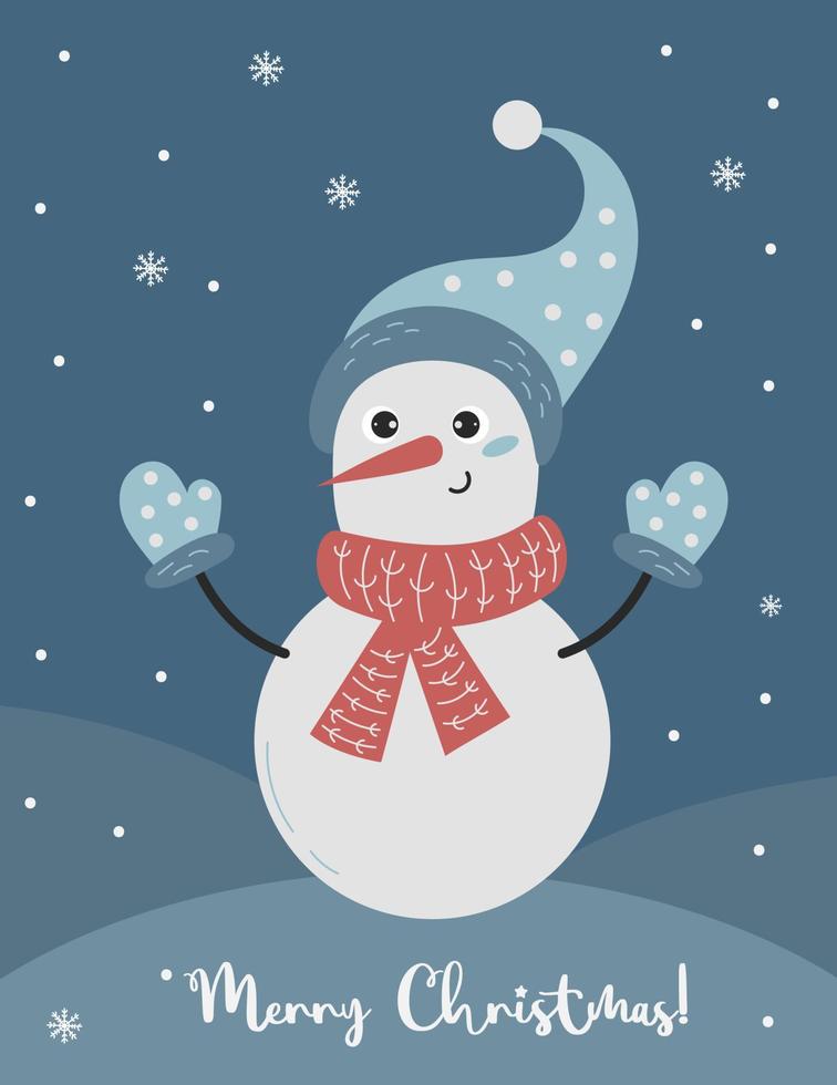 Christmas poster with cute cartoon character Snowman in knitted clothes on snowy background. Vector vertical illustration greeting card Merry Christmas.