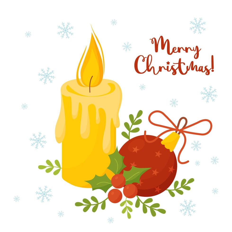 Greeting card with burning candle, holly and Christmas ball with inscription - Merry Christmas. Vector illustration for New Year designs, cards, decoration and print.