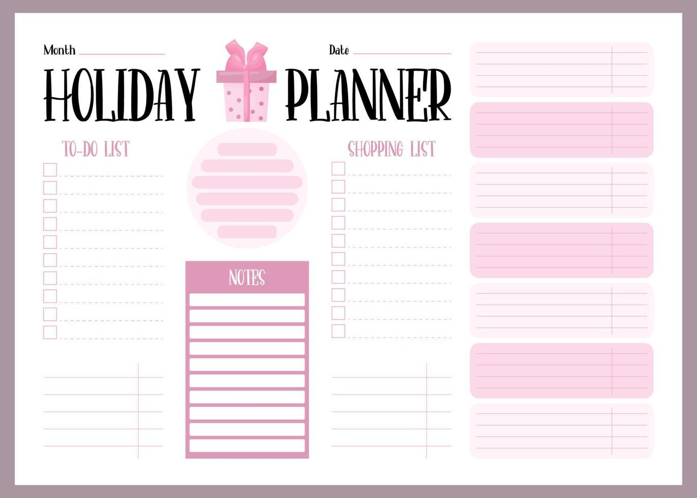 Holiday planner. Organizer, weekly list, to-do, shopping list and notes. Vector illustration. Horizontal template planner for New Years and Christmas, festive design, print, decor, stationery.