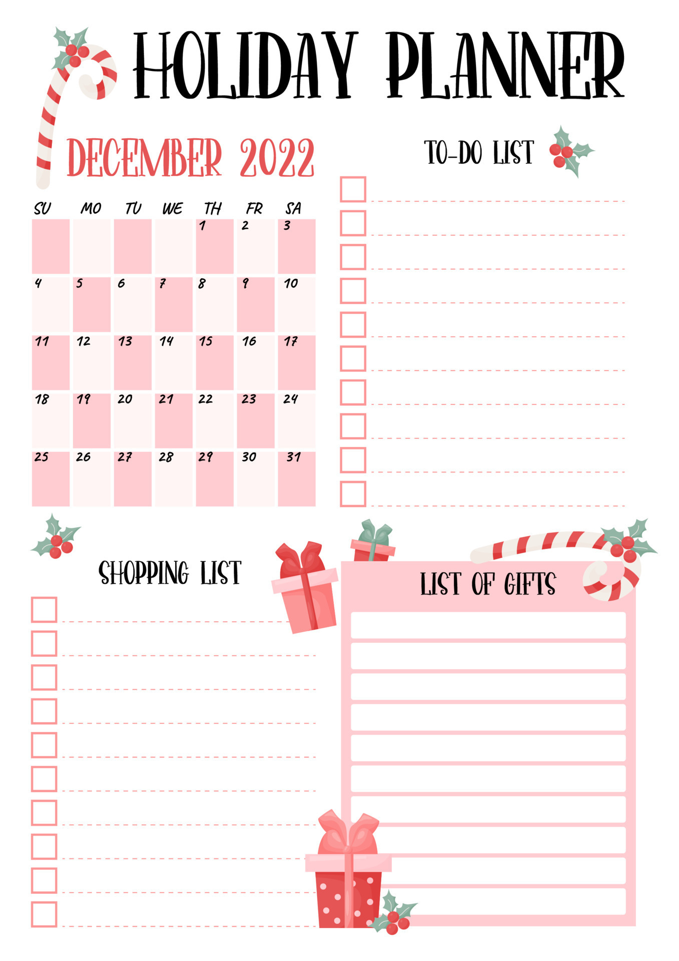 Holiday planner. Christmas organizer, month calendar december 2022, todo list, shopping and