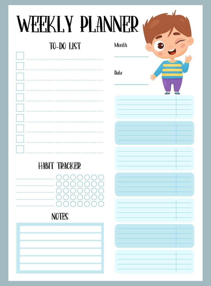 Weekly planner. Organizer, to-do list, notes and habit tracker with happy cartoon boy. Vector illustration. vertical template in blue for print, design, decor, kids collection, stationery.