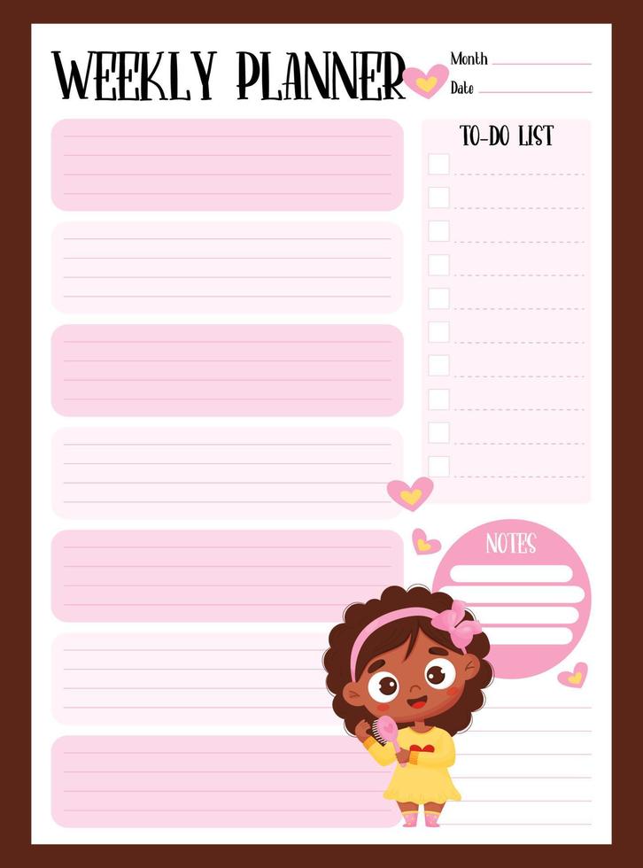 Weekly girly planner, to do list, notes with cute smiling dark-skinned girl. Vector vertical template in pink color. Sheet for printing, design, decor, kids collection, stationery.